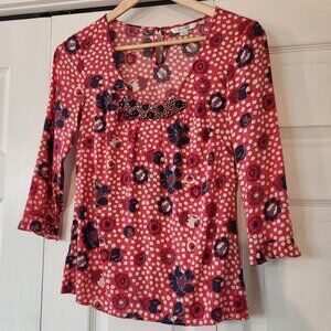 Boden pink blue floral bead 3/4 sleeve viscose blouse